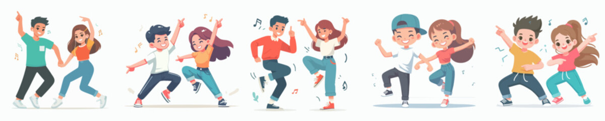 Cartoon Style Cheerful Young Couple Dancing Illustration and Various Expressions