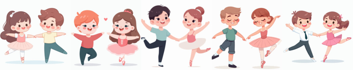 Cute Cartoon Illustration of Young Boys and Girls Practicing Ballet Dance