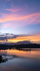 Fototapeta premium Calm Lake Sunset, Mountain Silhouette