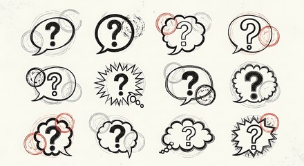 Set of Hand-Drawn Question Mark Icons in Speech Bubbles.