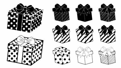 A collection of nine black and white gift boxes with different patterns and bow designs arranged neatly