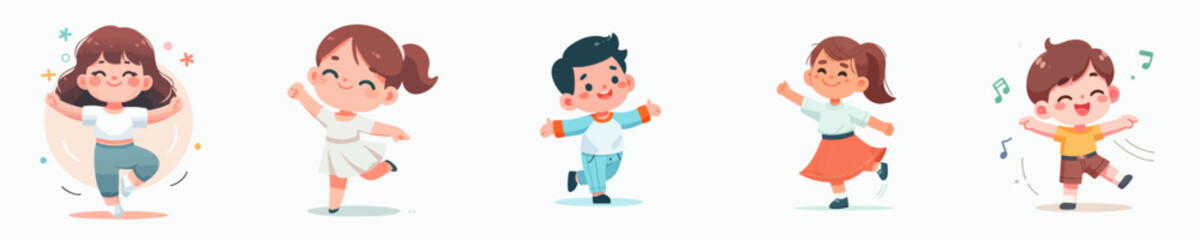 Playful Cartoon Children Joyfully Dancing with Happiness and Energy Illustration