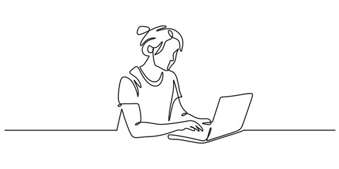 One line art of a woman working on a laptop computer