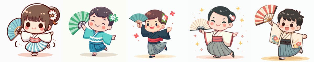 Adorable Handdrawn Little Kid in Kimono with Fan Cartoon Illustration