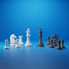 Chess Pieces Arranged on a Blue Board, Strategic Game Setup.