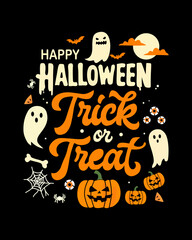 Fabric pattern in Happy Halloween theme, black background decorated with little white pumpkin ghosts at night time, can be used as a poster, greeting card, or Halloween party background.