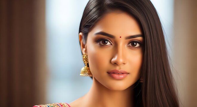 Portrait of a Beautiful Young Indian Woman with Traditional Earrings.