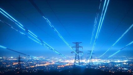 High-voltage electricity pylons with glowing power lines over a city at night - Powered by Adobe