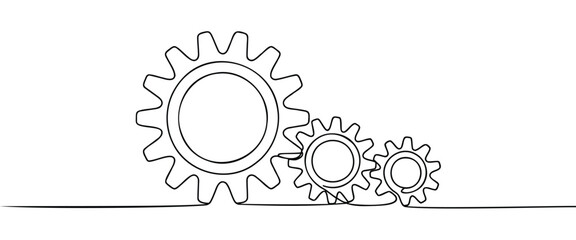 Minimalist continuous line drawing of three interlocking gears, symbolizing teamwork, process, engineering, productivity, and collaboration