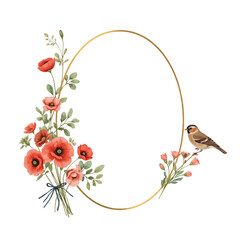 Naklejka premium Elegant floral and bird arrangement within an oval frame for refined aesthetic design