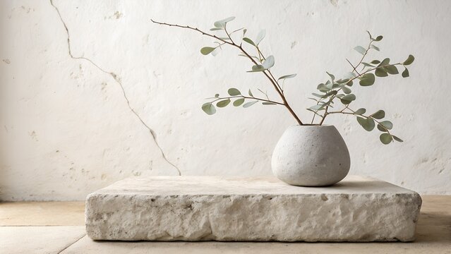 Eucalyptus branches in a vase on a stone block against a textured wall