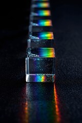 Transparent glass prisms arranged in a row with light beam creating rainbow refraction on dark surface, symbolizing optics, physics, spectrum, science and abstract modern background design