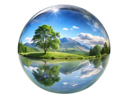 Mountain landscape reflected in a glass sphere on background nature reflection isolated on a transparent background