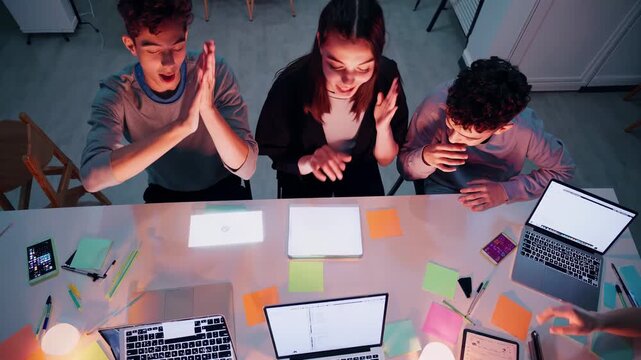 Creative team gathers round table, sticky notes fly as team idea sparks, coffee fuels laughs, bright idea grows into plan, vibrant team idea energy fills room. Concept collaborative innovation.