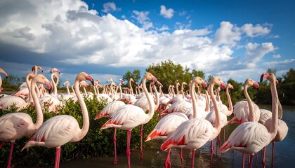 A large flock of pink flamingos stands in a lush wetland, their delicate pink plumage contrasted against the vibrant blue sky and fluffy white clouds.