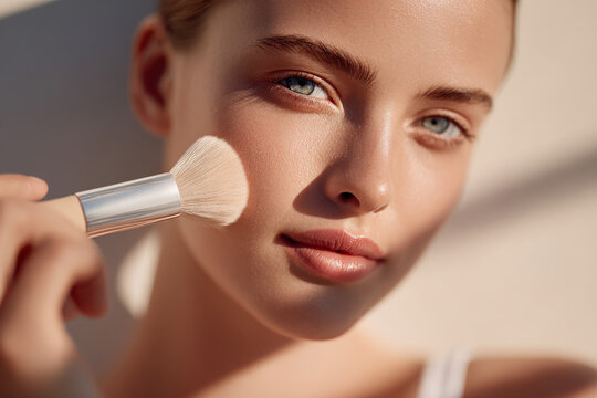 woman applying minimalist daily makeup with brush in light soft creamcolored background