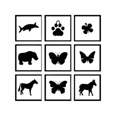 A collage of nine black silhouette icons on a white background featuring a dolphin paw print shamrock bear butterfly butterfly horse butterfly and wolf