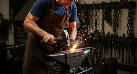 Skilled Blacksmith Forging Metal with Hammer and Anvil.