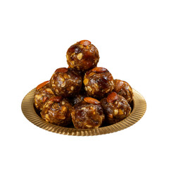 Anjeer Laddu Stacked in a Pyramid Shape on a Brass Plate on a Transparent PNG Background