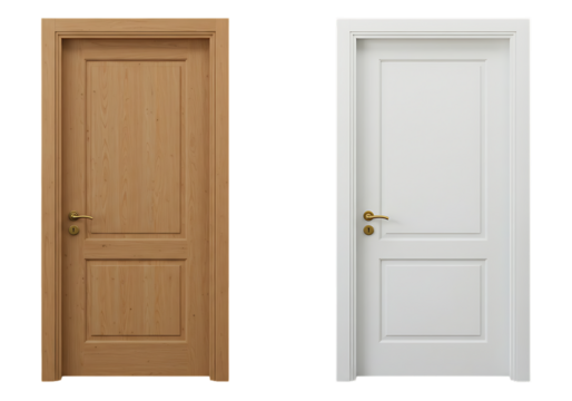 Two interior doors one wood one white isolated on transparent background