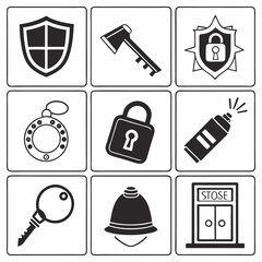 Collection of nine black and white vector icons representing security and law enforcement including a shield axe lock key spray can pocket watch police helmet and a shop door