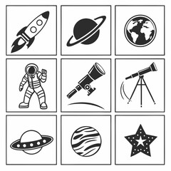 A collection of nine black and white graphic icons representing space exploration featuring a rocket saturn earth an astronaut telescopes a ufo a planet and a star