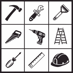 A collection of nine black and white silhouette icons representing various tools and safety equipment used for construction and diy projects