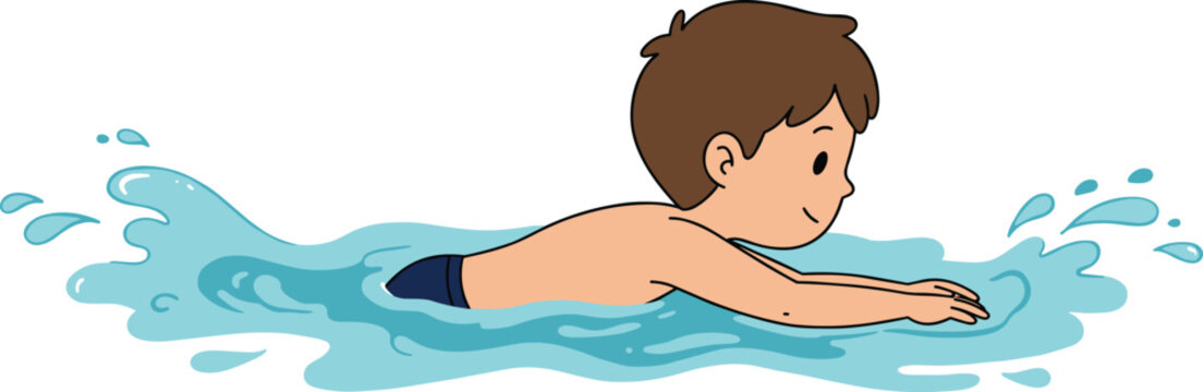Cartoon boy swimming in water, child learning to swim, swimming pool activity for kids, water splash motion, aquatic child sport, healthy exercise illustration.