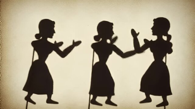 Three female figures in silhouette, appearing as shadow puppets, with raised hands in a dance-like pose.