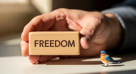 A hand holds a wooden block displaying the word "freedom" while a small bird stands nearby, suggesting a concept of liberation.