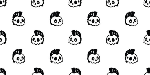 skull seamless pattern Halloween punk star mohawk hairstyle ghost spooky crossbones vector cartoon doodle gift wrapping paper tile background repeat wallpaper scarf isolated devil evil illustration de