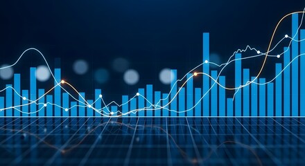 Dynamic financial market growth with blue bar graphs and trend lines