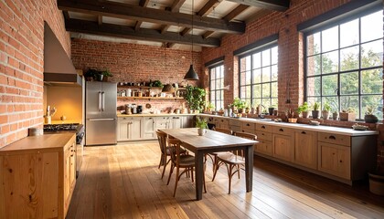 Spacious industrial-style kitchen with exposed brick walls, large windows, and a wooden dining table.