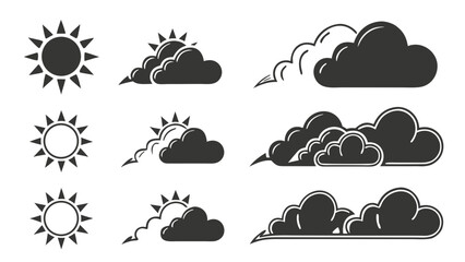 Collection of stylized weather icons featuring the sun and various cloud formations in a clean modern graphic design style on a white background