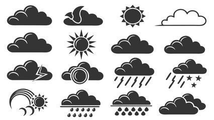 A collection of weather icons featuring various cloud formations sun symbols rain lightning and a crescent moon indicating different atmospheric conditions and forecasting elements