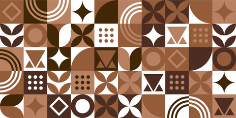 Abstract geometric pattern in brown earth tones. Seamless vector background with simple shapes in a modern, minimalist Bauhaus style for decor.