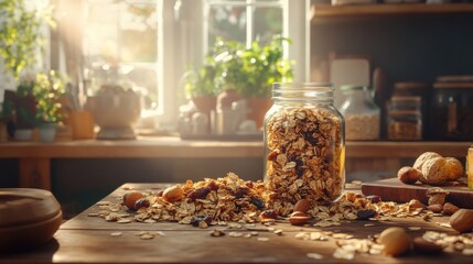 A rustic jar of homemade granola spilling onto a wooden table, on blurred background