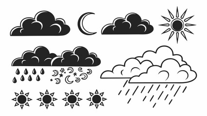 Collection of stylized black and white weather icons including sun moon stars and rain clouds representing different atmospheric conditions and celestial bodies