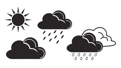 Stylized black and white icons depicting weather conditions including a bright sun rain clouds and falling raindrops against a clean white background