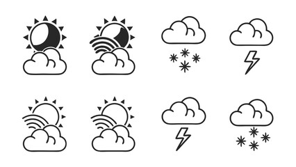 Collection of eight stylized weather icons featuring sun behind clouds sun with rainbow and clouds clouds with snowflakes and clouds with lightning bolts in a simple line art style