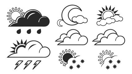 Collection of stylized weather icons depicting various atmospheric conditions including sun clouds rain lightning moon and stars on a clean white background