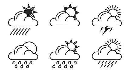 A collection of six simple black and white line art icons representing various weather conditions including sun behind clouds rain and thunderstorms with lightning
