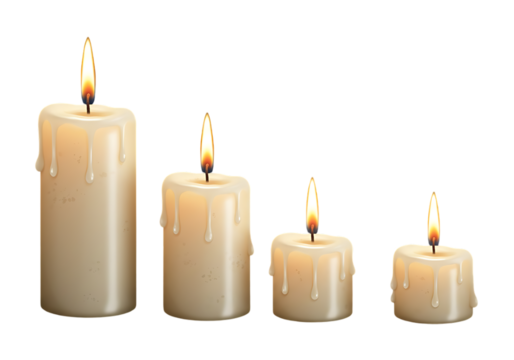 Four lit candles of varying heights isolated on transparent background