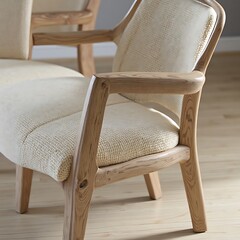 Close-up of Neutral Armchair with Wooden Frame and Woven Upholstery