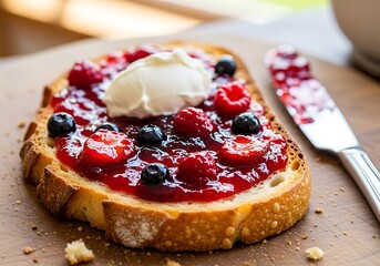 Toasted bread with berries and cream