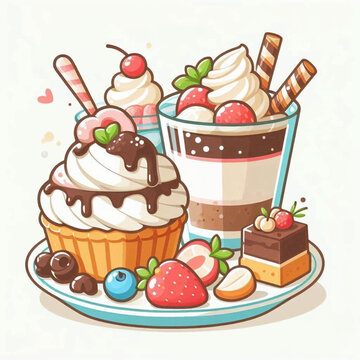 desserts plate with whipped cream and fruits clip art preview