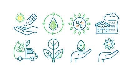 Collection of hand drawn icons representing environmental concepts such as renewable energy solar power water conservation sustainable agriculture eco friendly transportation and green living