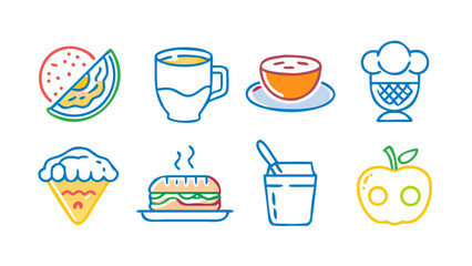 A vibrant collection of stylized food and drink icons featuring a slice of watermelon a steaming mug of coffee a cup of tea an ice cream cone a hot sandwich a to go beverage and a cheerful apple