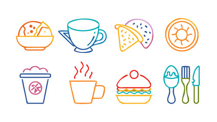 A vibrant collection of colorful neon food and drink icons arranged in two rows against a stark black background showcasing diverse culinary elements