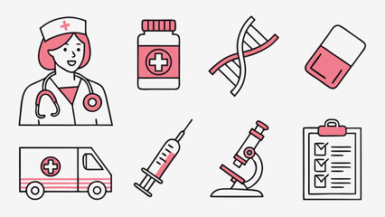 A collection of medical icons featuring a nurse dna strand pill bottle ambulance syringe microscope and checklist representing healthcare and science